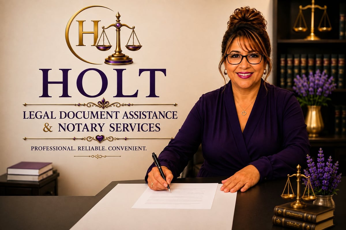 Professional woman in dark blazer and glasses signing a document at desk with HOLT Legal Document Assistance & Notary Services logo and law office decor in background